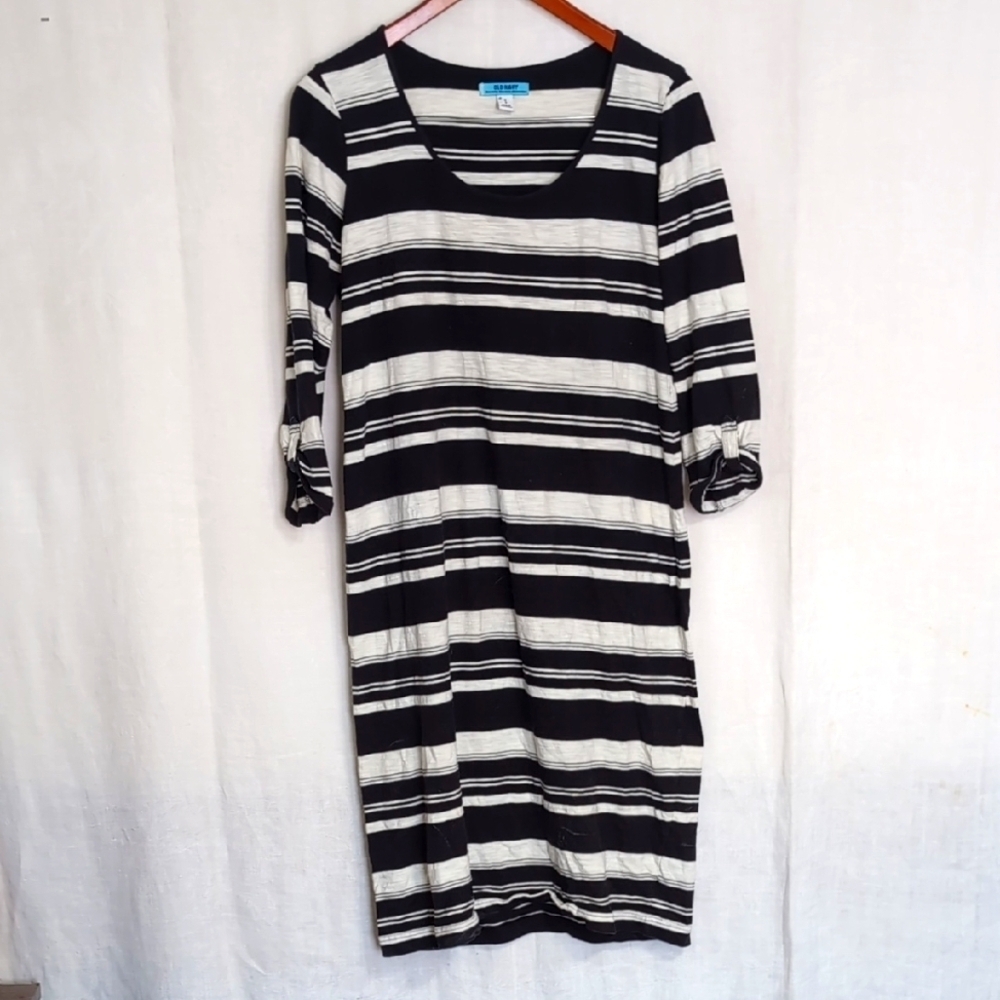 Old Navy Maternity Black White Striped Midi Dress 3/4 Sleeves Size Medium